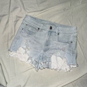 American Eagle Light Blue Distressed Denim Shorts with Exposed Paisley Pockets